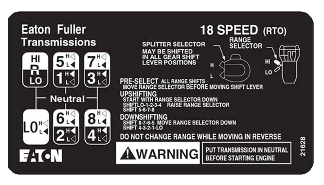 Eaton Fuller 18 speed transmission shift pattern 